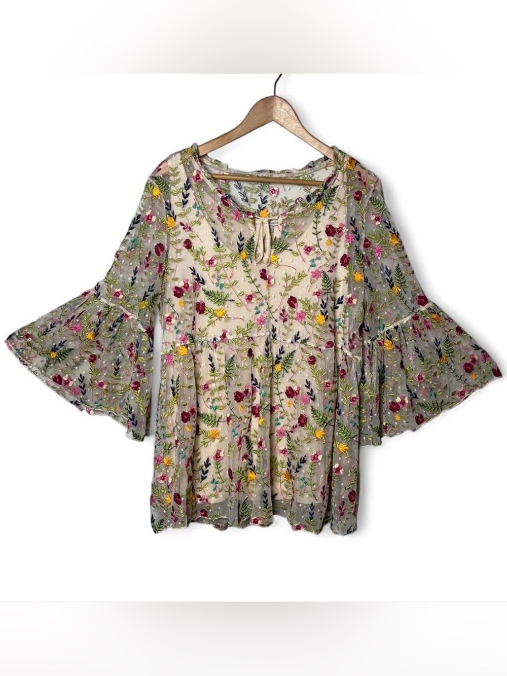 John Mark Floral Embroidered Mesh Flared Bell Sleeve Tunic Top Fairy Ethereal